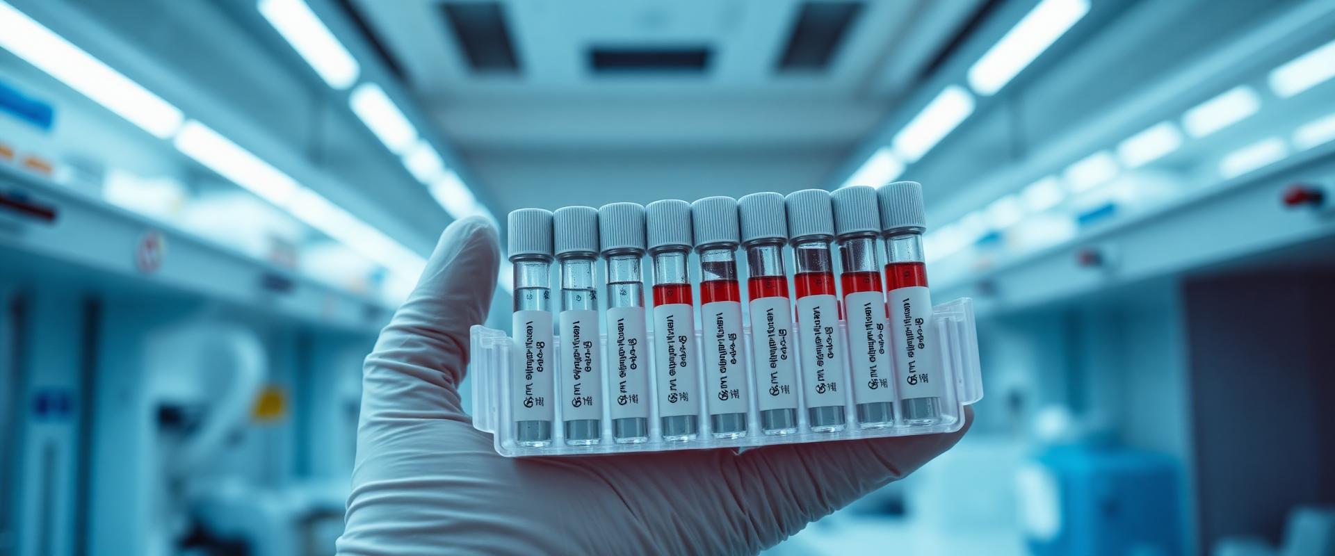 Gloved hand holding a rack of labeled laboratory specimen vials